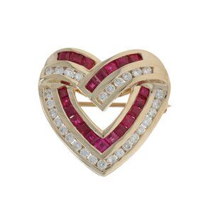 Yellow Gold Diamond Ruby Heart Brooch/Pearl Enhancer Pendant 14k 1.65ctw LovePin